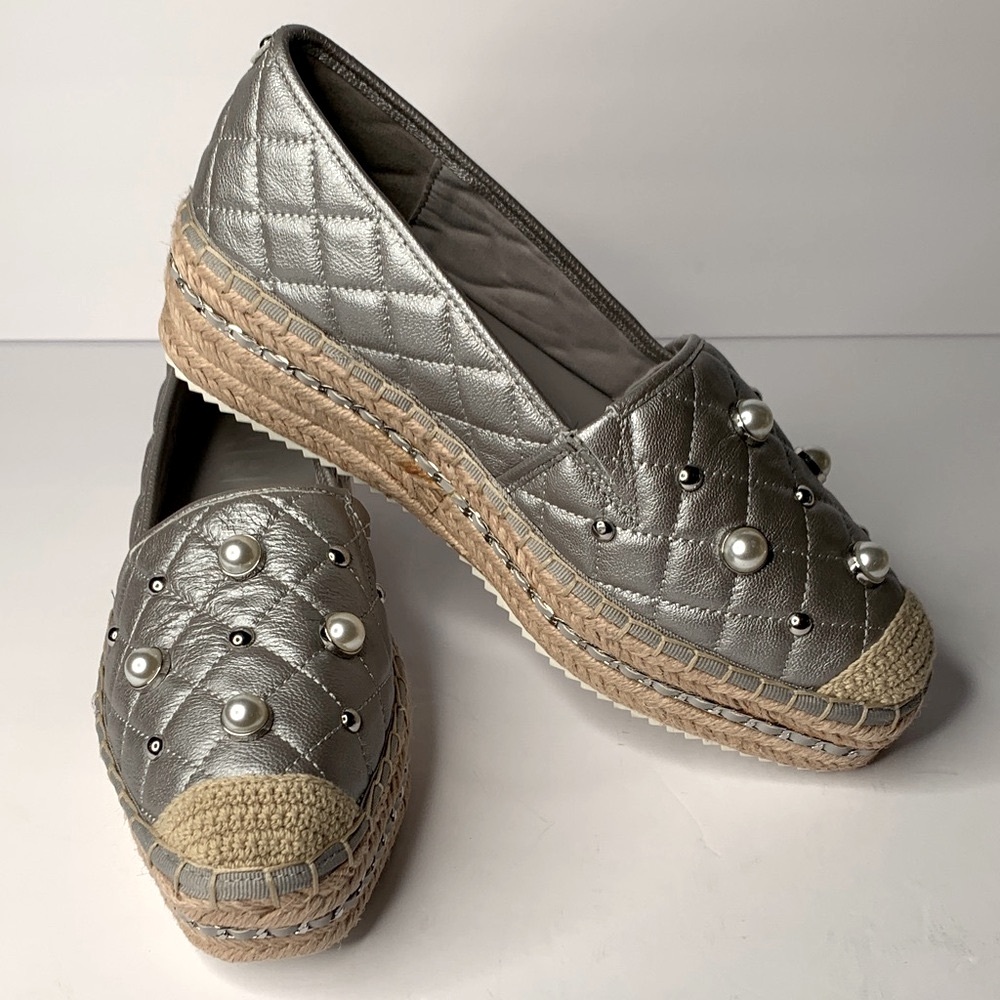 Karl Lagerfeld Silver Quilted Espadrilles with Pearls